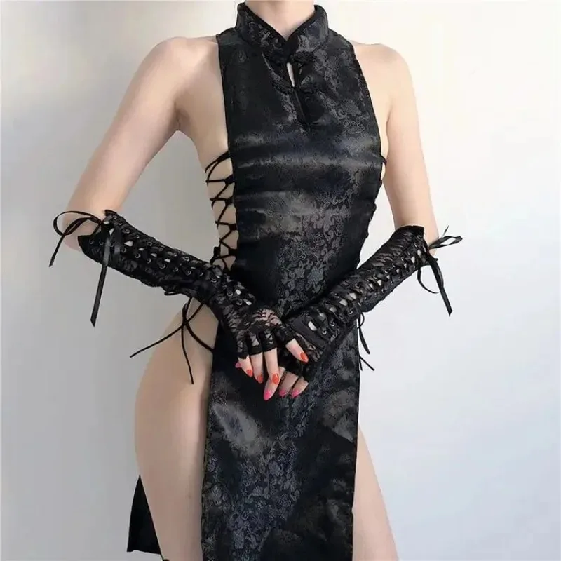 Chinese Qipao Women Sexy Lingerie High Split Bandage Mini Dress Cheongsam Uniform Traditional Party Dress Costumes