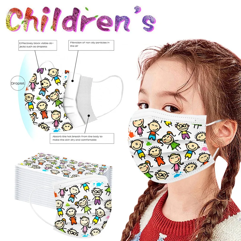 

50pcs Child Mask Lovely Print Disposable Face Mask Children's Mask Industrial 3 Ply Ear Loop Anti-dust Pollution Cartoon Masks