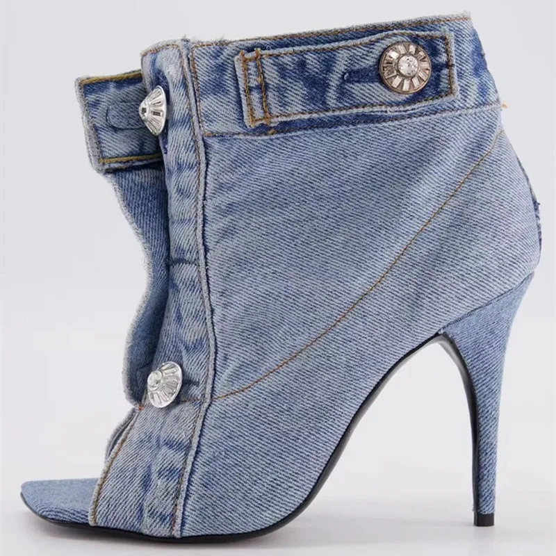 

Summer Autumn Fashion Women Slim High Heels Ankle Boots Sexy Denim Button Open Toe Women's Party Cool Boots for Woman