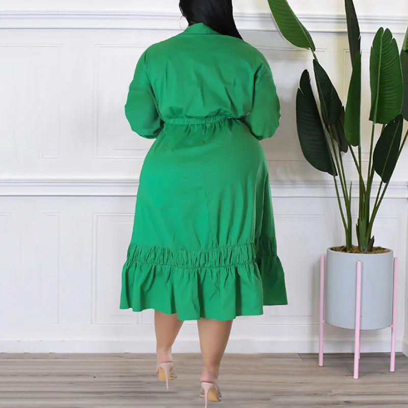 Bandage Solid Color Bow Long Sleeve Patchwork Ruffle Autumn V-Neck Crinkle Plus Size Clothes Loose Casual Midi Shirt Dress Lady