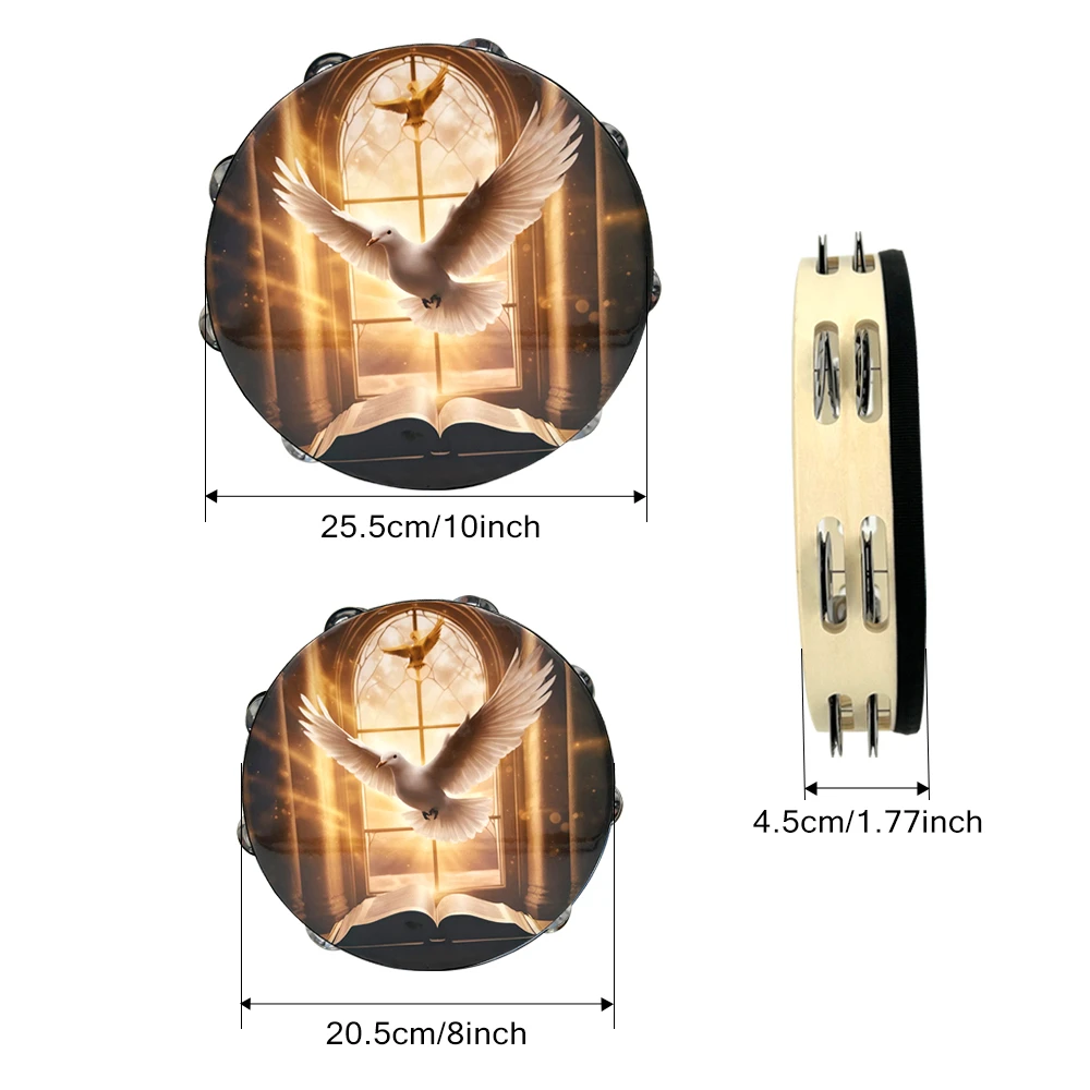 Hand tambourine 8/10-inch wooden tambourine double layer hand clap bell drum church peace dove pattern shake percussion instrument dance