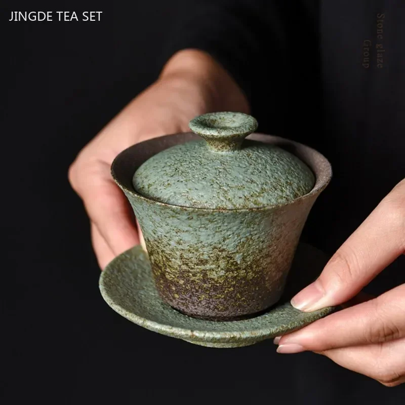 180ML Retro Coarse Pottery Three Gaiwan Household Kiln Change Ceramic Teacup Portable Beauty Tea Bowl Traditional Tea Set
