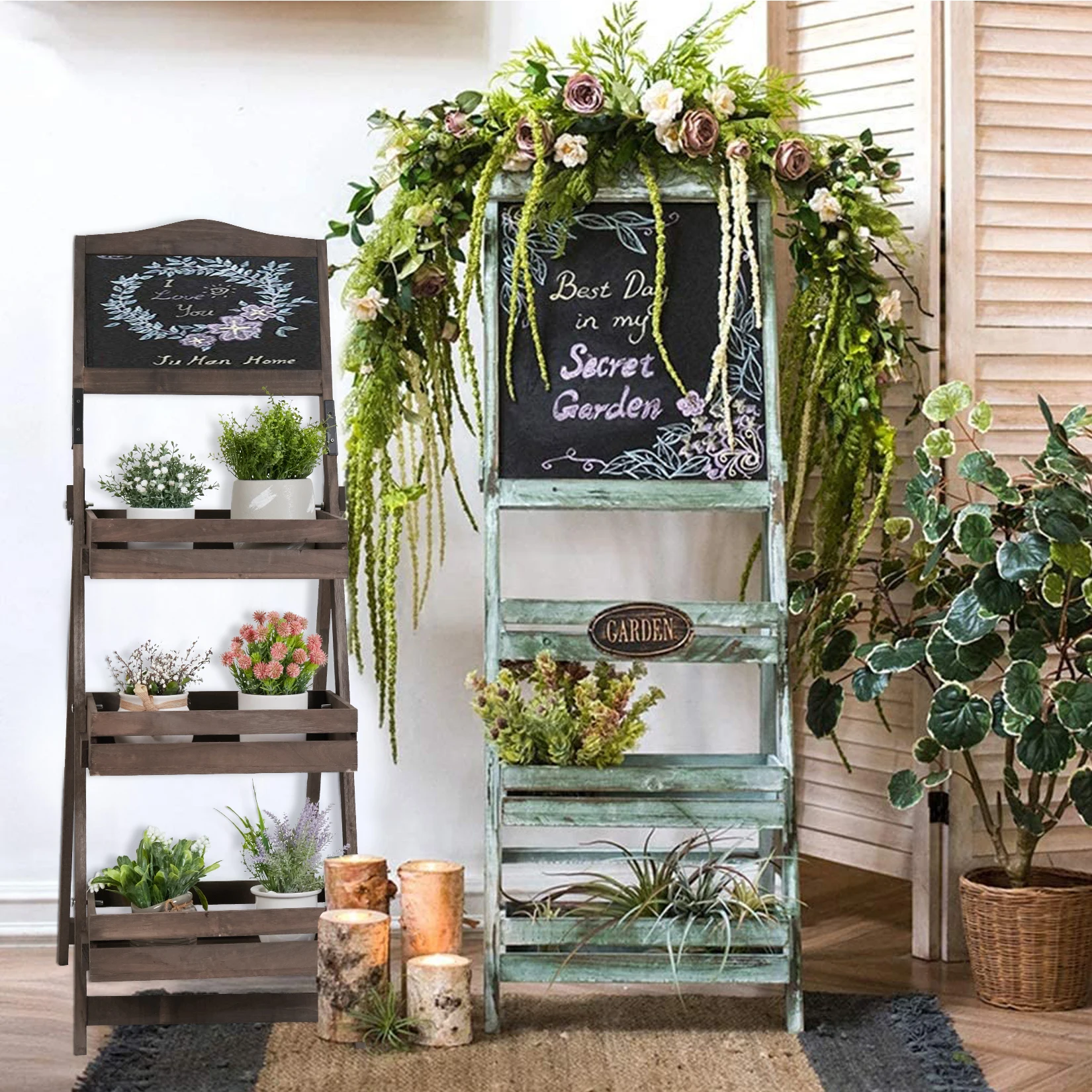 Free Standing Pavement Chalkboard Display Blackboard with 3-tier Plant Shelves Flower Rack for Outdoor Garden Advertisements