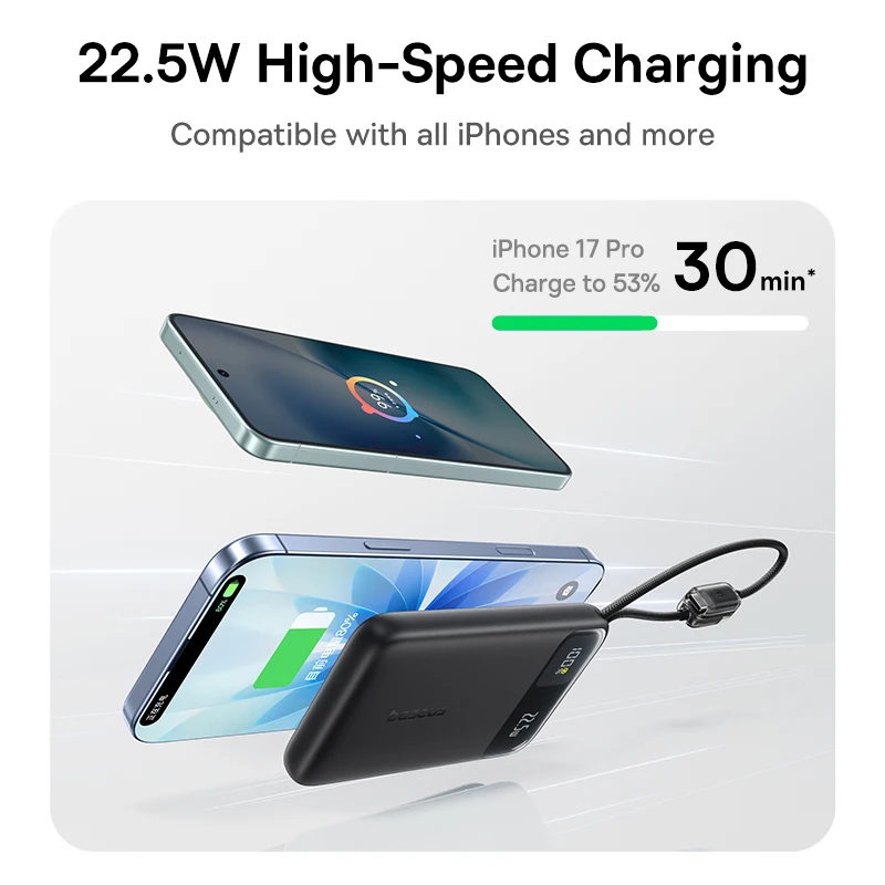 Baseus 10000mAh Power Bank 22.5W Built-In Dual USB-C Cable Thinner Fast Charging for iPhone 17 Pro Max Samsung S25 Xiaomi Poco