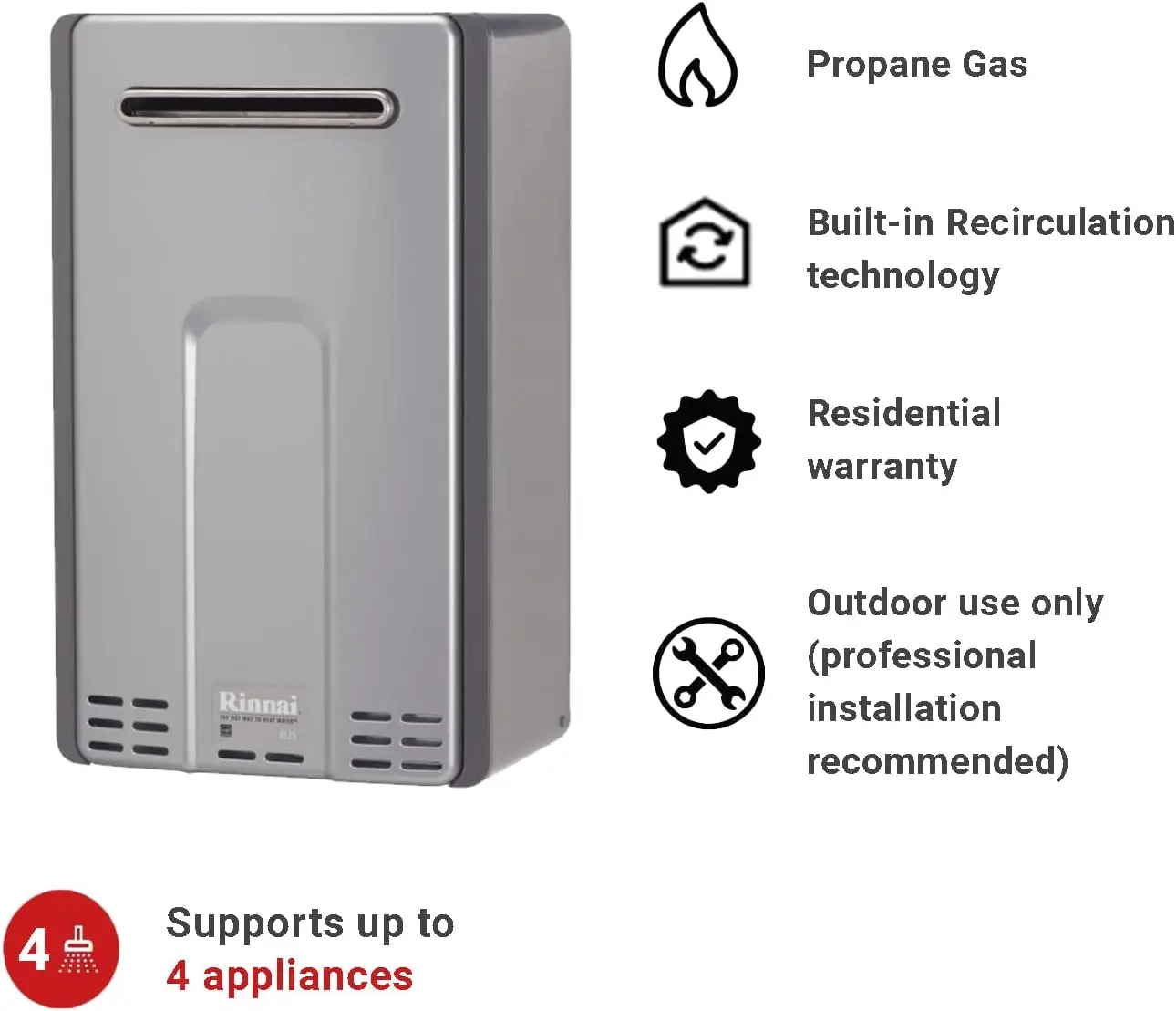 RL75eP Tankless Hot Water Heater, 7.5 GPM, Propane, Outdoor Installation Original Design Smart, Durable Design