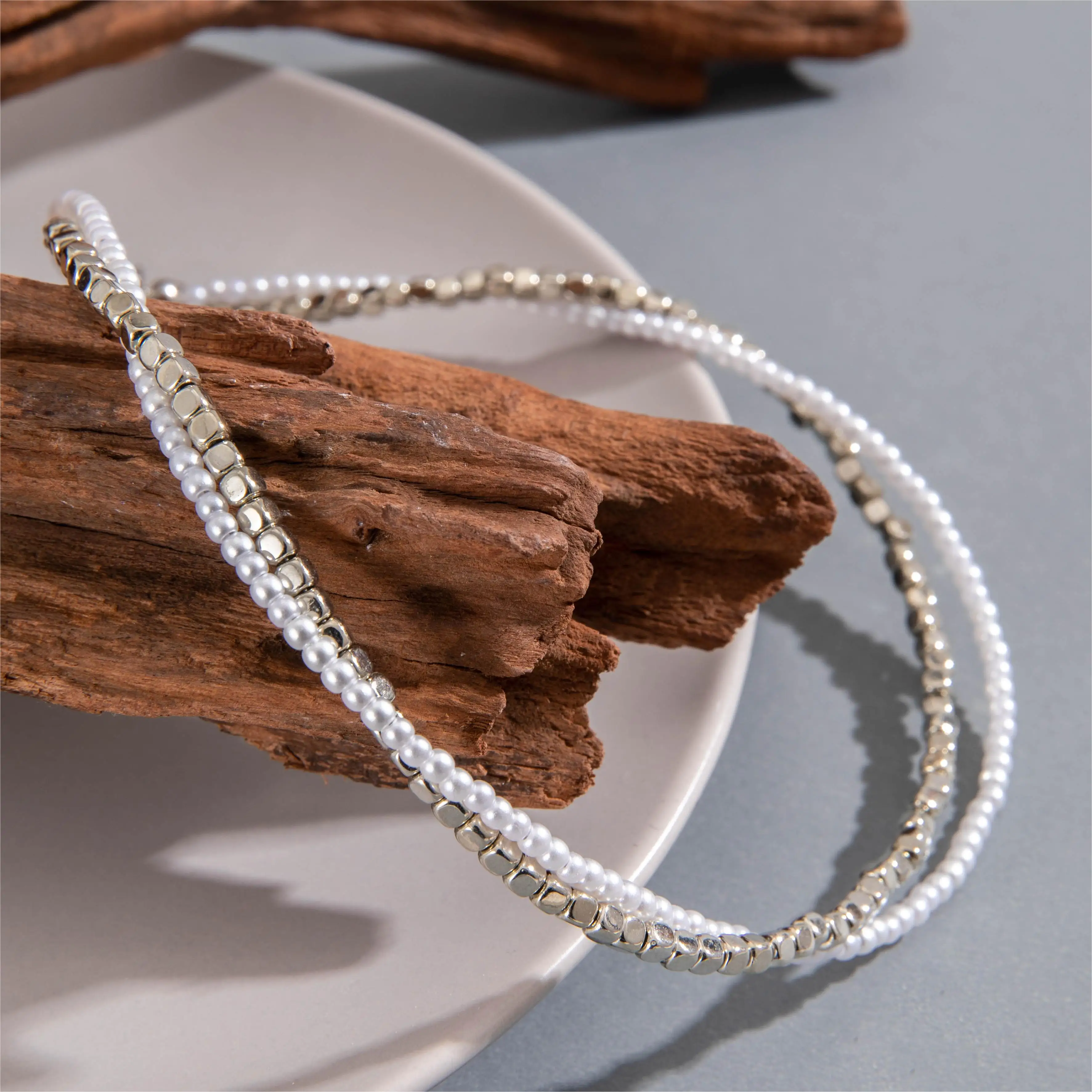 Tocona Vintage Silver Round Bead Choker Necklace for Women Fashion Two-layer Geometric Alloy Clavicle Chain Party Jewelry 26081