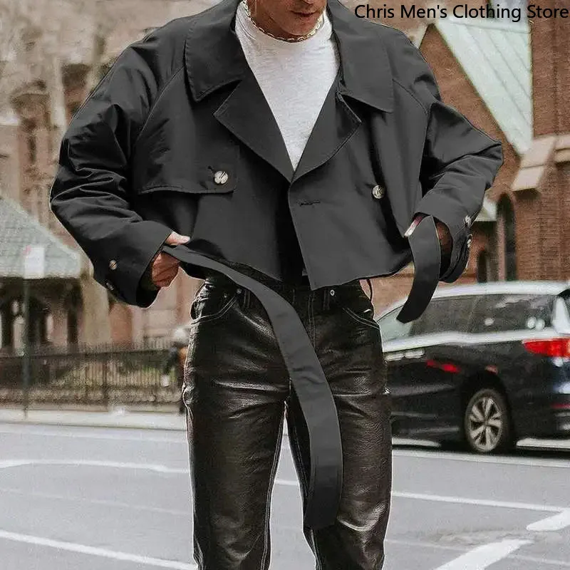 New Fall Fashion Loose Men's Short Trench Coat Super Cool Street Motorcycle Men's Coat Lapel Lace-up Cargo Male Short Jacket