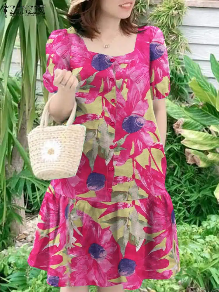 

Женский праздничный сарафан ZANZEA, Модное Элегантное летнее короткое платье с квадратным вырезом и пышными рукавами, платье с оборками на Подоле и цветочным принтом, 2024