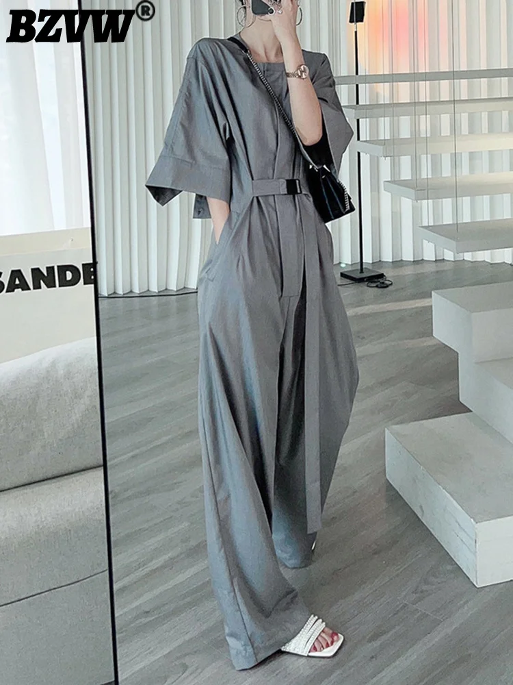 

BZVW Fashion Designer Loose Jumpsuit For Women Half Sleeve Bandage High Waist Streetwear Casual Clothing Female 2023 New25X01009