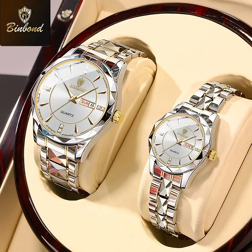 BINBOND mode Couple montres étanche diamant saint valentin amant cadeau en acier inoxydable montre hommes femmes montre à Quartz 2 pièces