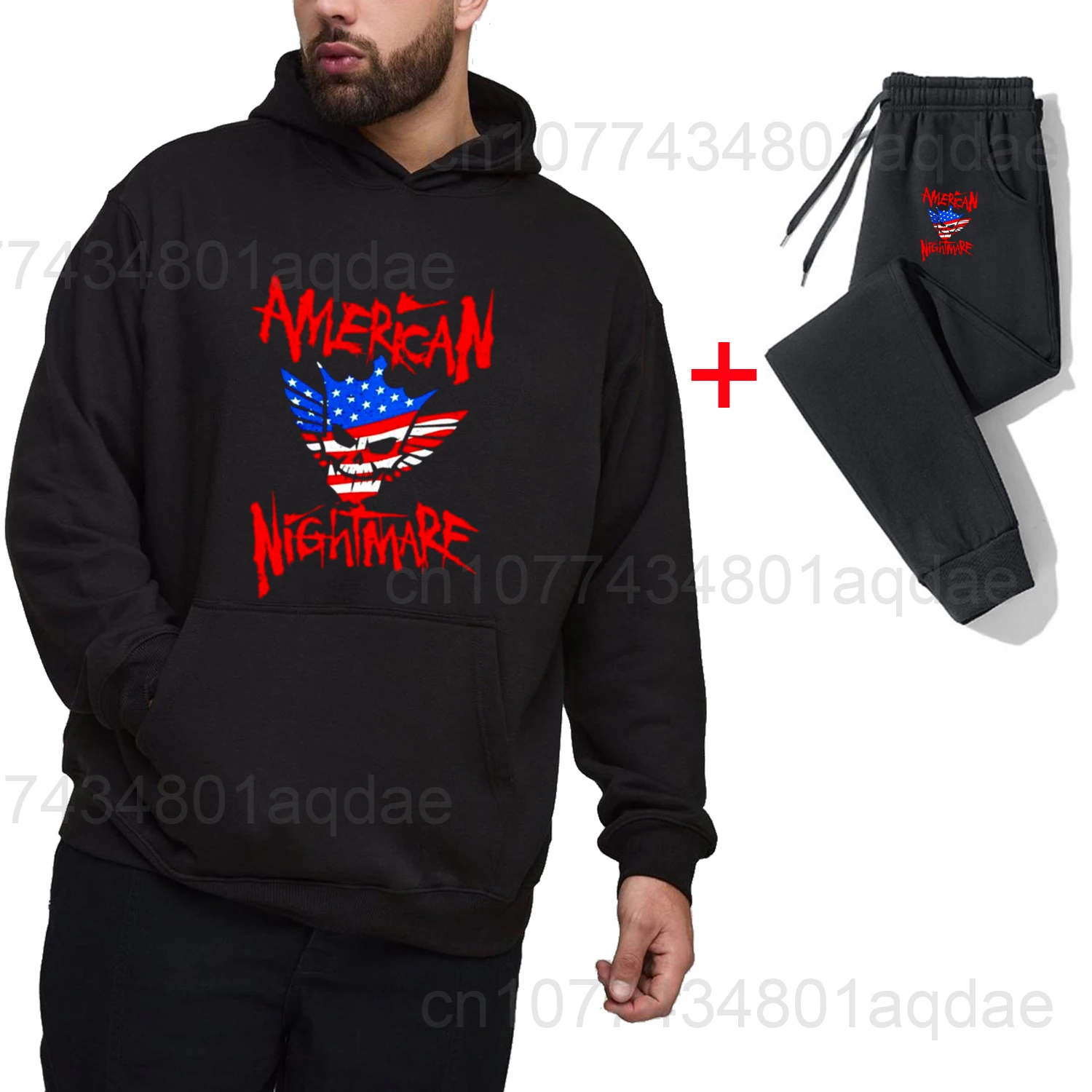 2025 Autumn/Winter New Hot Wrestling Fans Men's Cody Rhodes Black pullover casual pants street casual sports fashion black set 4