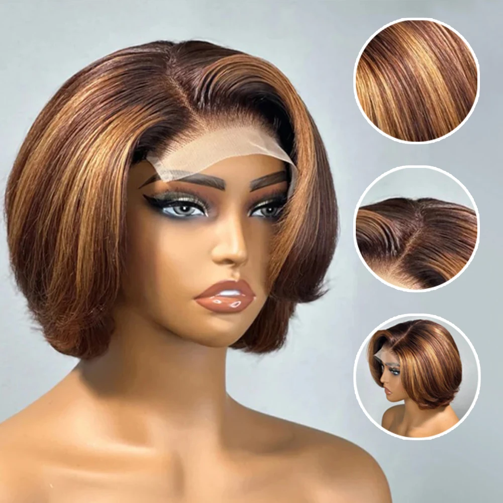 1Pc Highlight Color Bob Wig Body Wave 4/27 Ombre Brown 4x4 Lace Frontal Wig HD Transparent Lace Wig Pre Plucked For Black Women