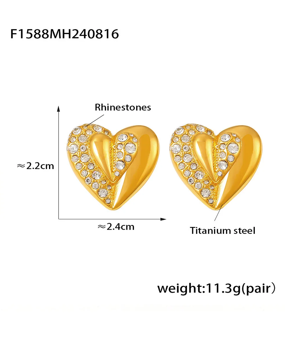 Luxuriöse Herzförmige Strass-Ohrringe für Damen, Neue Edelstahl-Ohrstecker mit PVD-Goldbeschichtung, Wasserfester Modeschmuck – Detail 3