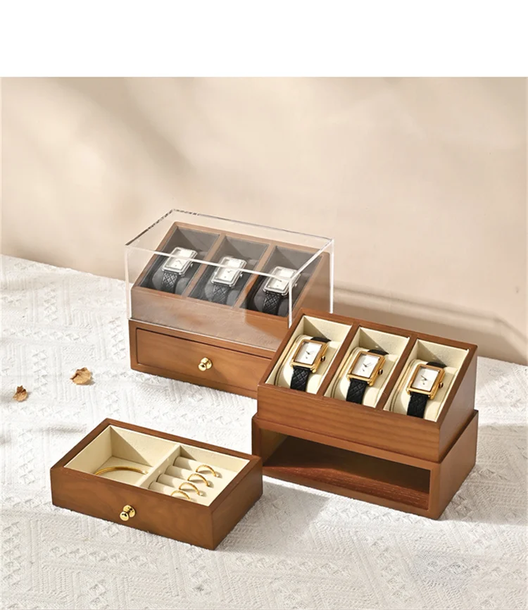 Oirlv 3 Grids Solid Wood Watch Box For Ring Necklace Watch Holder Storage Case With Drawer Jewelry Organizer Box Watch Display