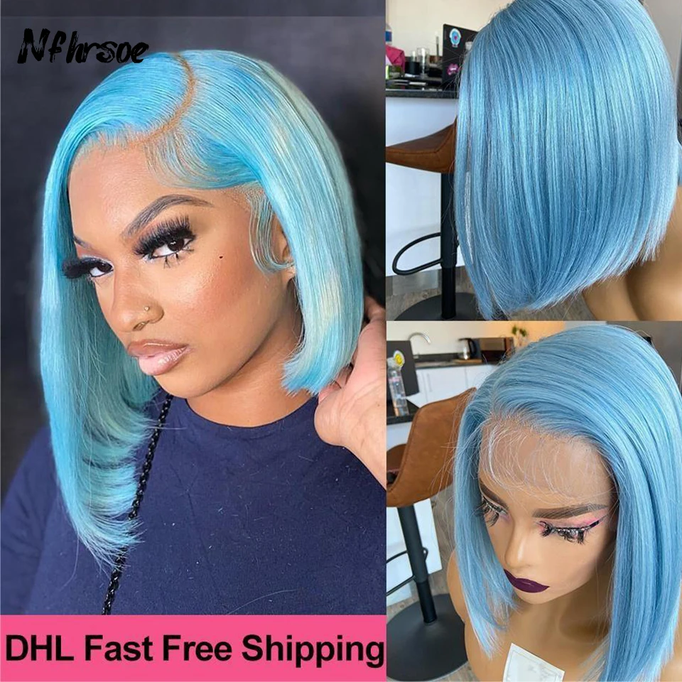 

Highlight 13x4 Blue Short Bob Lace Front Human Hair Wigs HD Transparent Lace Frontal Wigs For Women Brazilian Straight Hair wigs