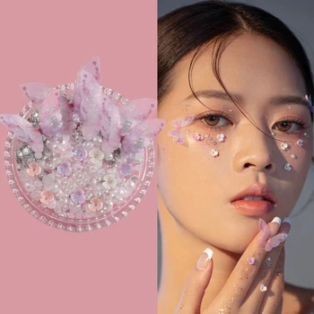 아이 글리터 페이스 플라워 나비 장식, 메이크업 크리스탈 진주 라인석 키트, 생일 파티 페이스 장식, DIY 네일 아트