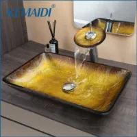 KEMAIDI Bathroom Vessel Sink Oval Glass Big Square Vessel Sink with Waterfall Faucet Mixer Bathroom Sink Above Counter Basin 1