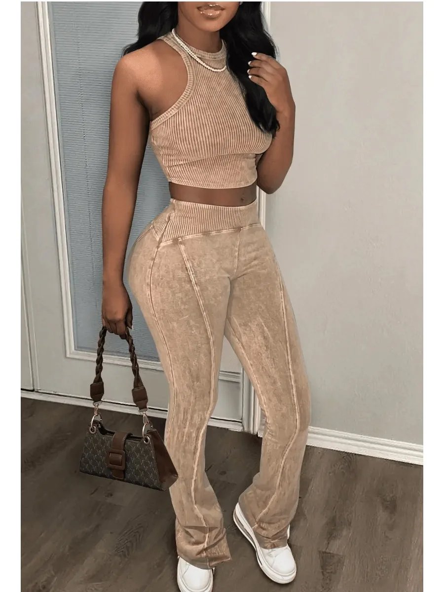 

Rib Knit Print Khaki 2pcs Outfits Sleeveless Pullover Crop Top&Stitch Trousers LW BASICS Plain Two Pieces Pants Suits