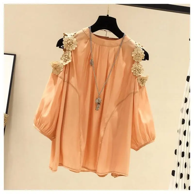 Orange Flower Three-dimensional Decoration Raglan Sleeve O-Neck Pullover Women's Blouse Shirt Female Clothing Tops Fashion 2024