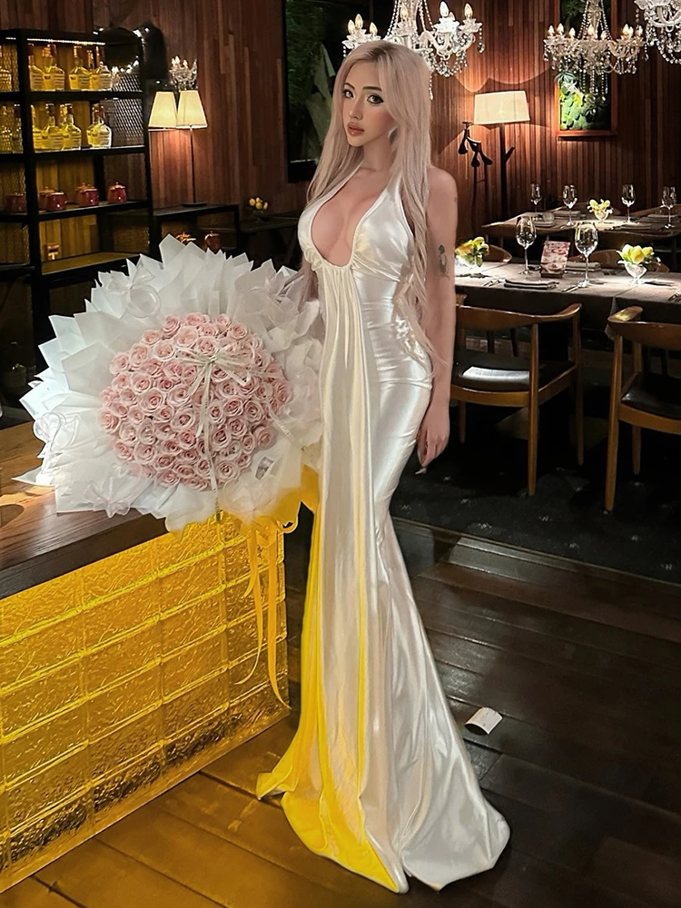 Nibber Banquet Halter Satin Dress Women Elegant Sexy Ruched Backless Low Neck Party Gown Clubwear Stretch Trend Long Bodycon