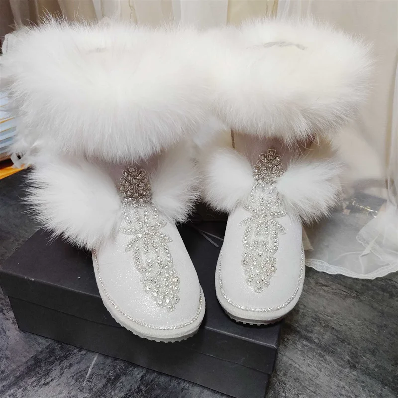 

White fox hair boots hand custom winter plus fleece warm boots rhine-drill fur one boot women's 35-40