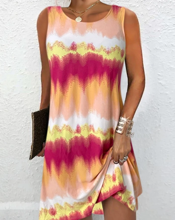 

Casual Women Beach Dress 2024 Summer Round Neck Rainbow Tie Dye Print Sleeveless Loose Casual A Line Mini Dress Vacation