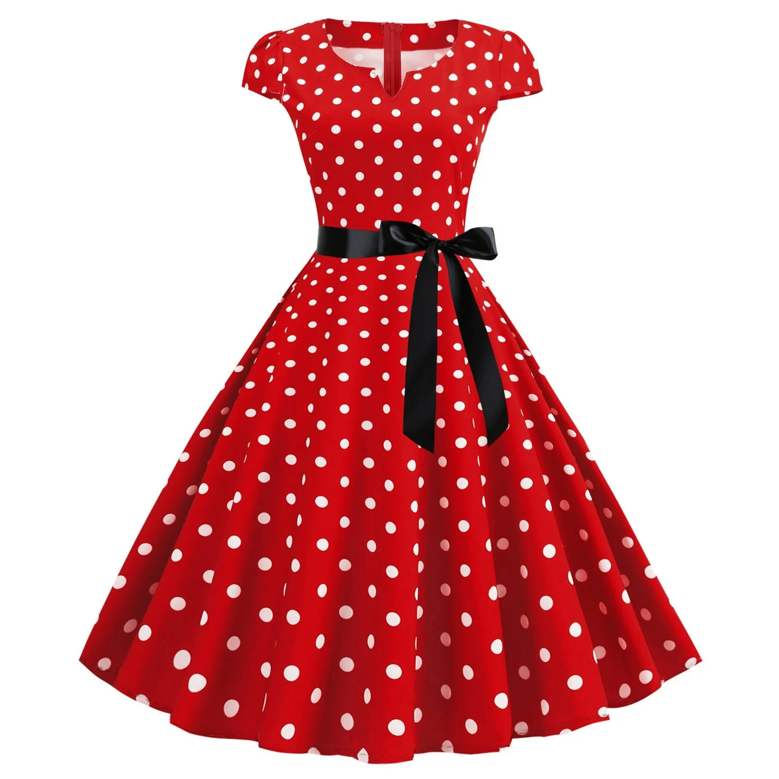

Retro Women Polka Dot Dress Short Sleeve 1950s Housewife Evening Party Prom Dress Female Lace-Up A-Line Swing Dresses