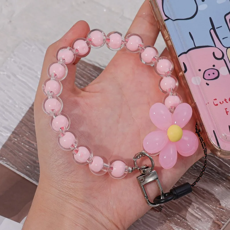 Anti-lost Cell Phone Chain Flower Decor Beaded Phone Lanyard Multifunctional Mobile Phone Strap Key Idol Card Wrist Rope Pendant