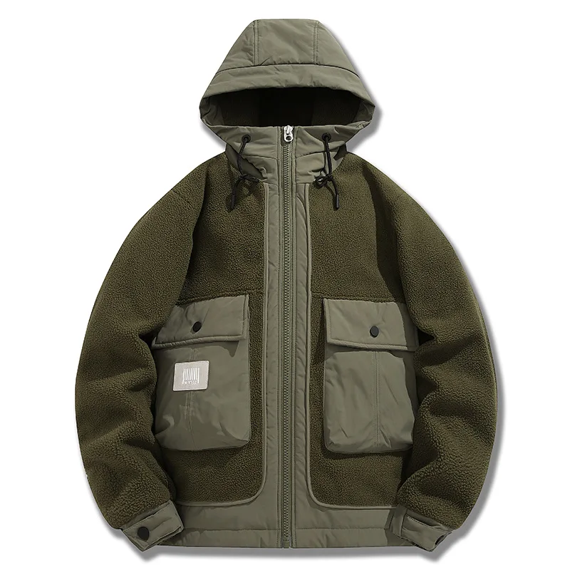 Polar Fleece Patchwork Coat Japan Style Cargo Spliced Thick Parkas Workwear Large Pocket Padded Coat Winter Oversized Hooded Top