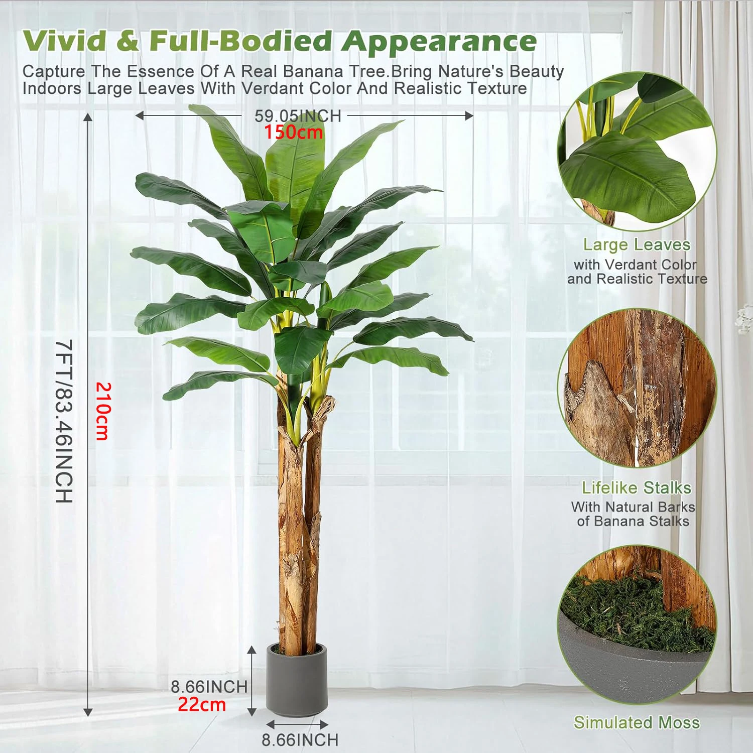 Künstlicher Bananenbaum 150cm Künstliche Bananenblätter mit Grauem Übertopf Künstliche Pflanze für Innen- und Außendekoration – Detail 9
