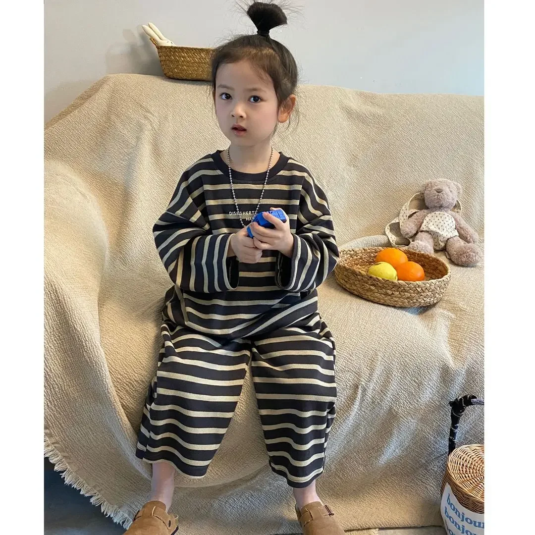 Korean Children Clothing Autumn Sets Sweatshirts+Pants 2Pcs Suit Spring Stripe Baby Soft Cotton Outfits Kids Casual Tracksuit