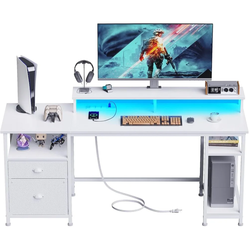 61" Desk with LED Light & Power Outlets, Reversible Computer Table with File Cabinet & Drawer, White Gaming Desk Writing Table