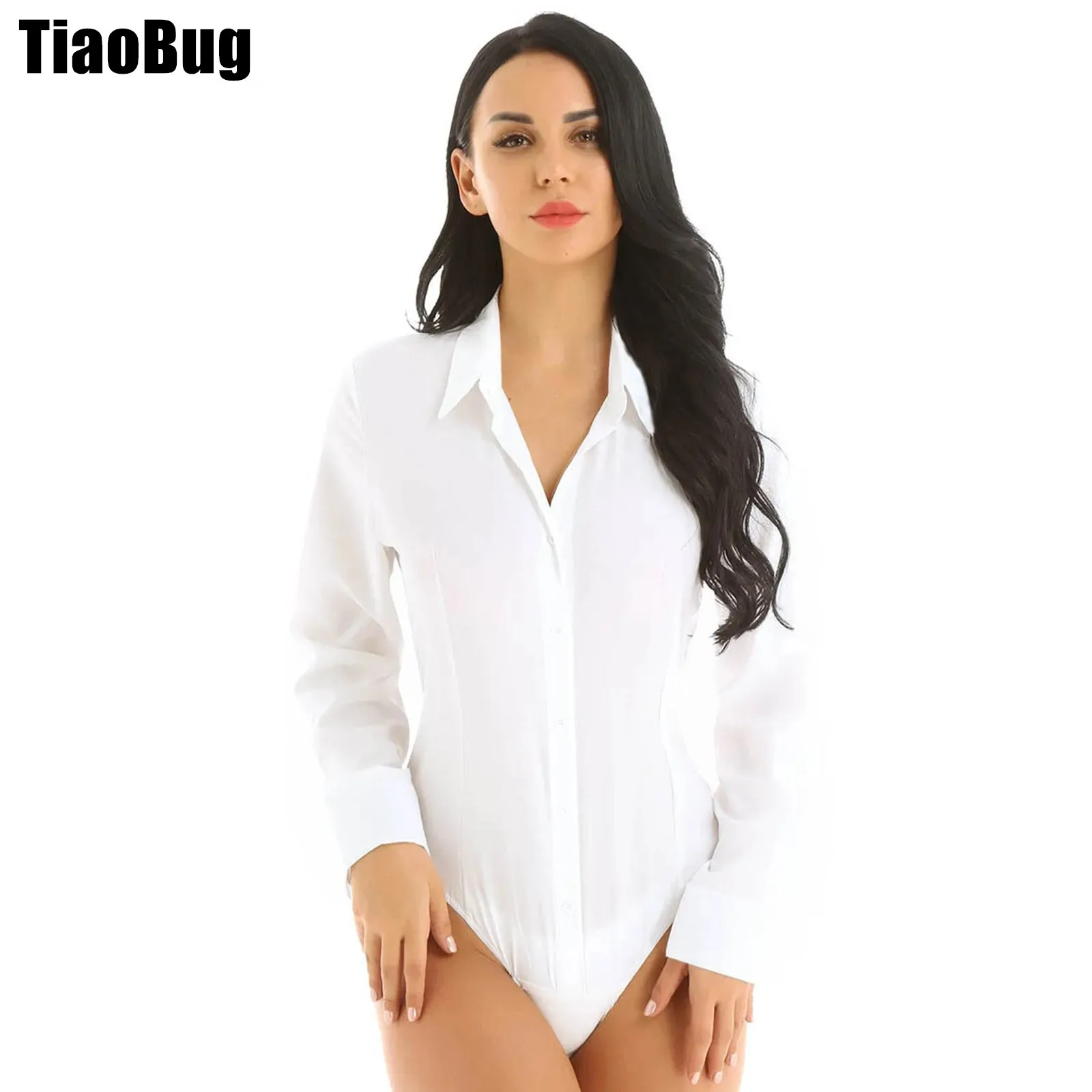 

Womens Shirt Style Bodysuit One-Piece Turn-down Collar Bodysuit Long Sleeve Button Down Easy Care Work Shirt
