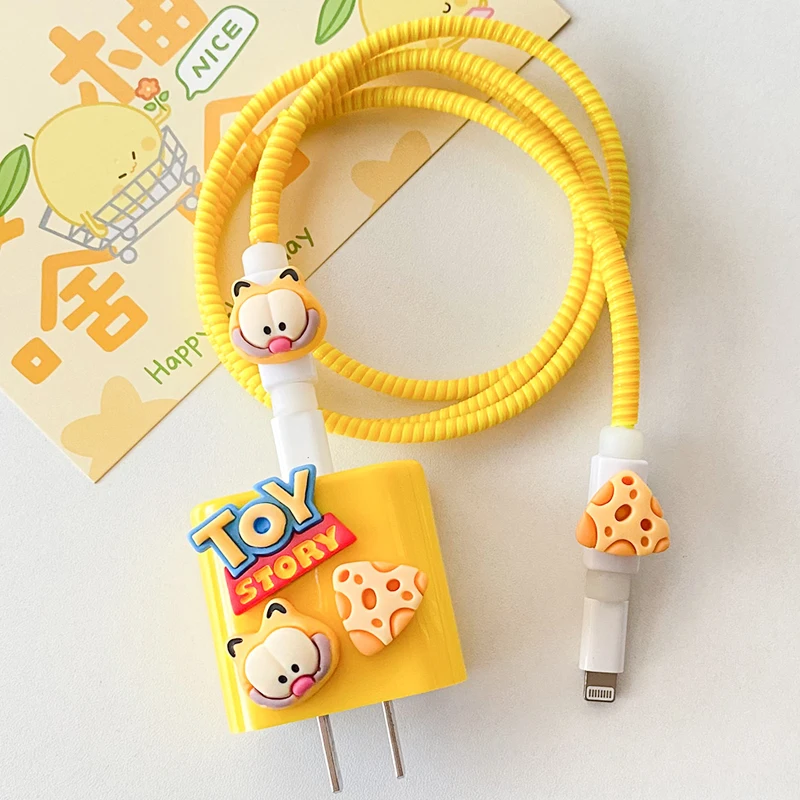 Charger Cable Protector for iPhone 15 14 13 18W 20W Charger Yellow Cat Data Line Spiral Winder Protective
