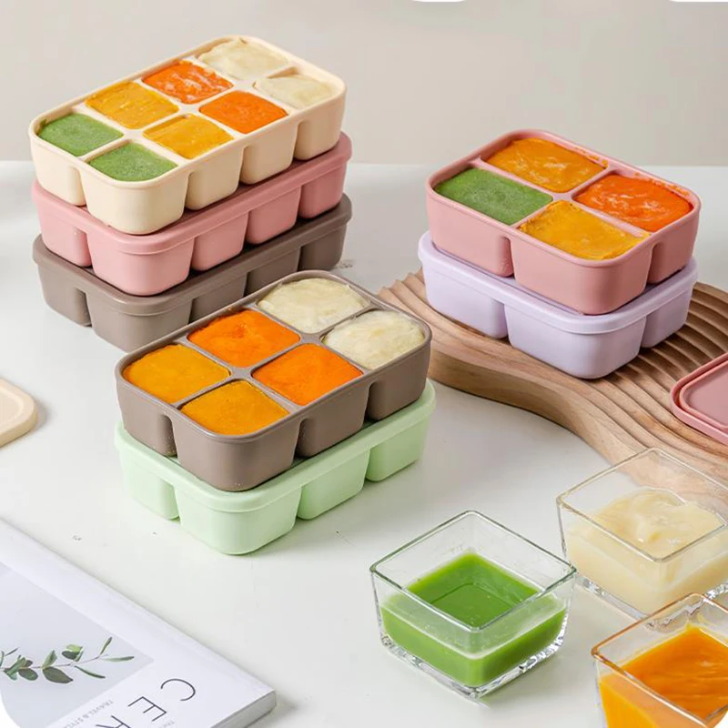 Baby Silicone Complementary Food ContainerAnti-skeweringEasy to take off the mouldIce compartmentFood-grade silicone freezer box