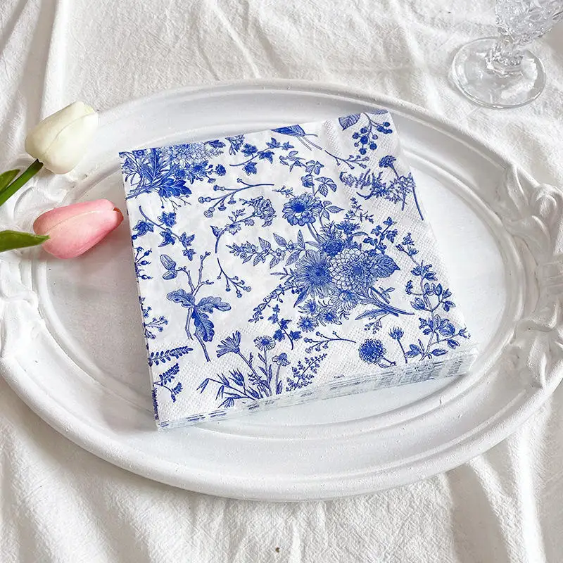 20pcs/pac Minimalist Printed Napkins Paper Ink Blue Patterned Dining Table Napkins Elegant Ancient Style Mouth Wiping Cloth paper napkins