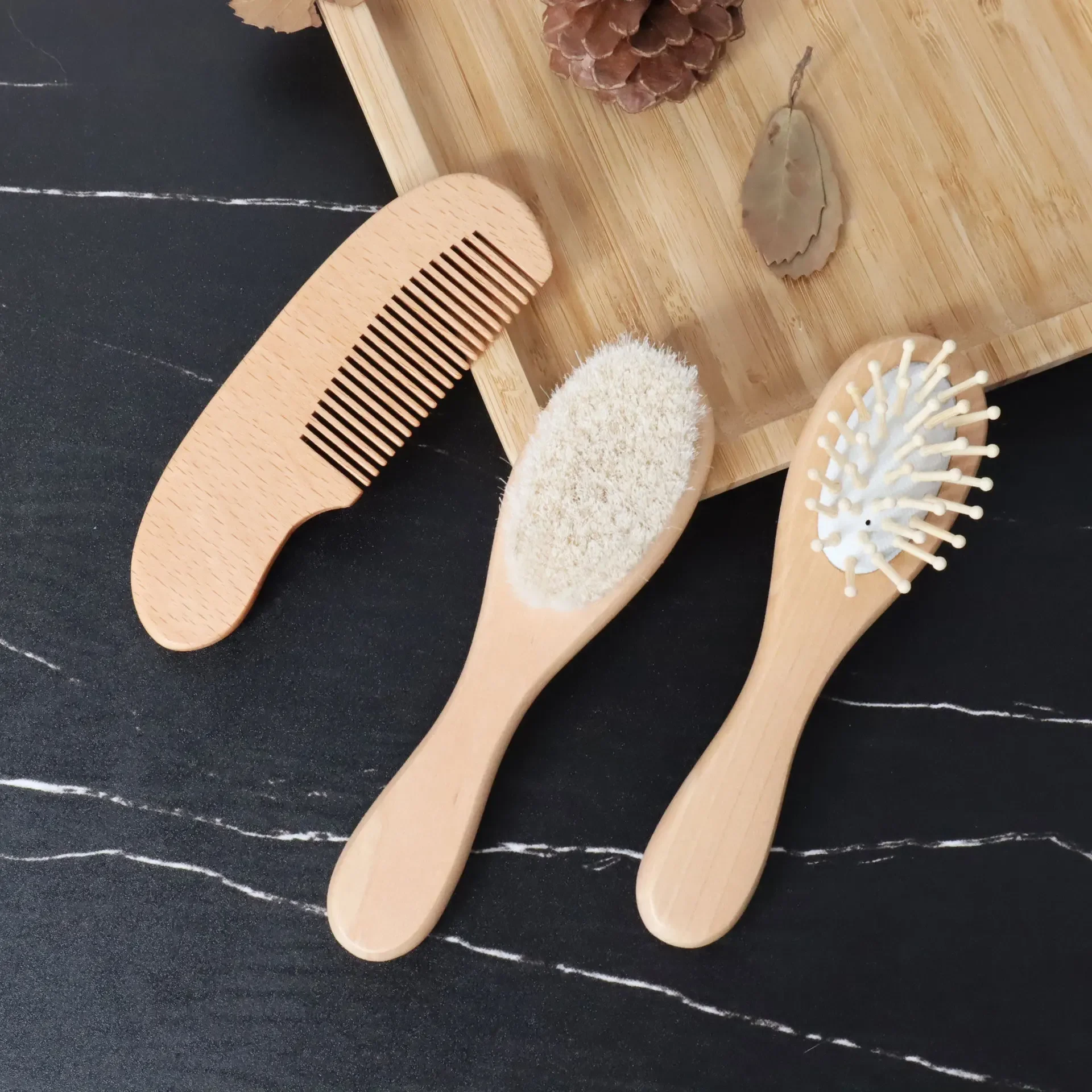 Baby Hair Brush & Comb Set Wooden Handle Baby Round Hair Brush Natural Goat Bristle Cradle-Cap Toddler Infant