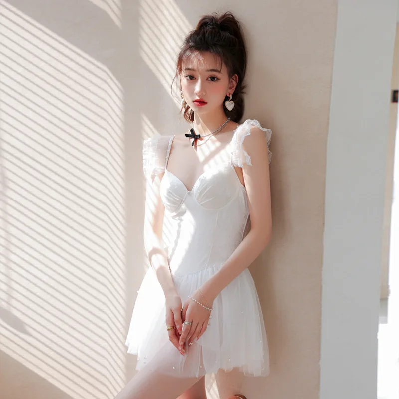 2024 korean style Monokini Swimsuit Women'S One-Piece Sexy College Style Skirt Beach Wear Sexy White Swimwear For Women