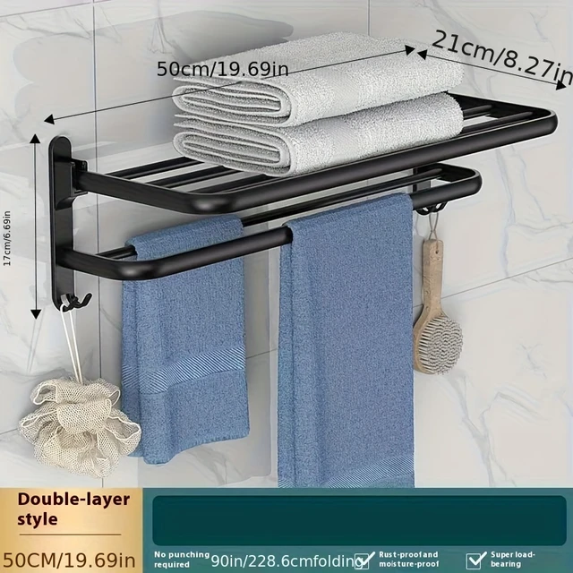 ราวแขวนผ้าขนหนูอลูมิเนียมอัลลอยด์แบบไม่ต้องเจาะ, ที่แขวนผ้าขนหนูแบบพับได้ติดผนังสำหรับจัดเก็บในห้องน้ำ 4