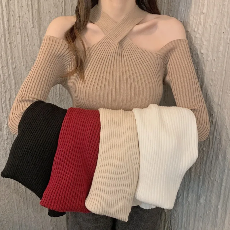 

Sexy Off Shoulder Long Sleeve Knitted Bottoming Tops Halter Neck Sweater Women Autumn Korean Fashion Criss-Cross Pullovers 28634