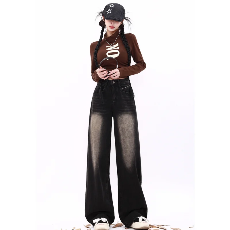 

Черные женские джинсы в уличном стиле, винтажные модные широкие джинсы с высокой талией, женские брюки в стиле хип-хоп, мешковатые джинсовые брюки с градиентом 2024
