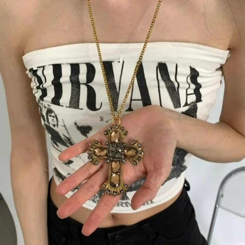 Fashion Gothic Punk Metal Big Cross Pendant Necklace Heavy-duty Versatile Y2K Subculture Sweater Chain Spicy Girl Accessories