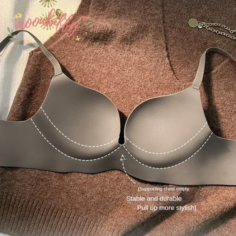 Women Gathered Seamless Lingerie Push Up Bra Solid Small Breast Wireless One Piece Thickened Comfortable Anti Sagging Invisible 4