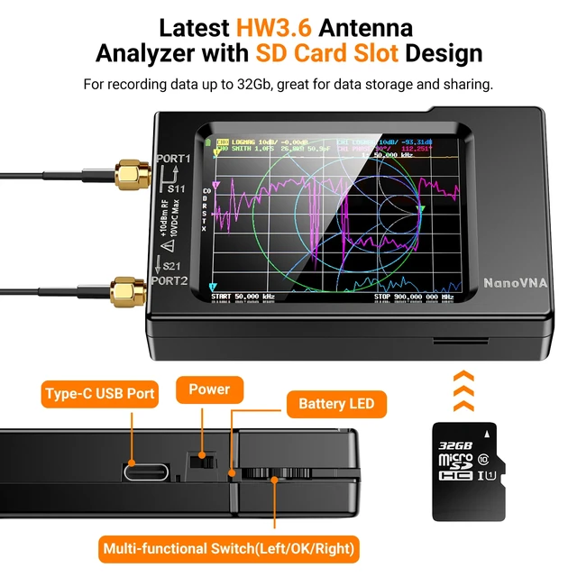 NanoVNA-H Vector Network Antenna Analyzer 10KHz-1.5GHz MF HF VHF UHF W/ Shell SD Card Slot Supprt 32G Digital Nano VNA-H Tester 2