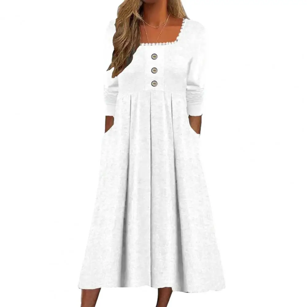 

Women Square Collar Lace Neckline Midi Dress Long Sleeve Buttons Decor Pockets Loose Hem A-Line Dress Streetwear