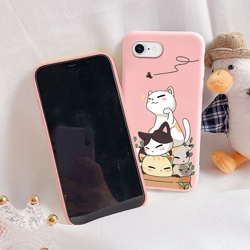 Floral Silicone Phone Case with Cute Cat & Bear Design - Soft Protective Back Cover