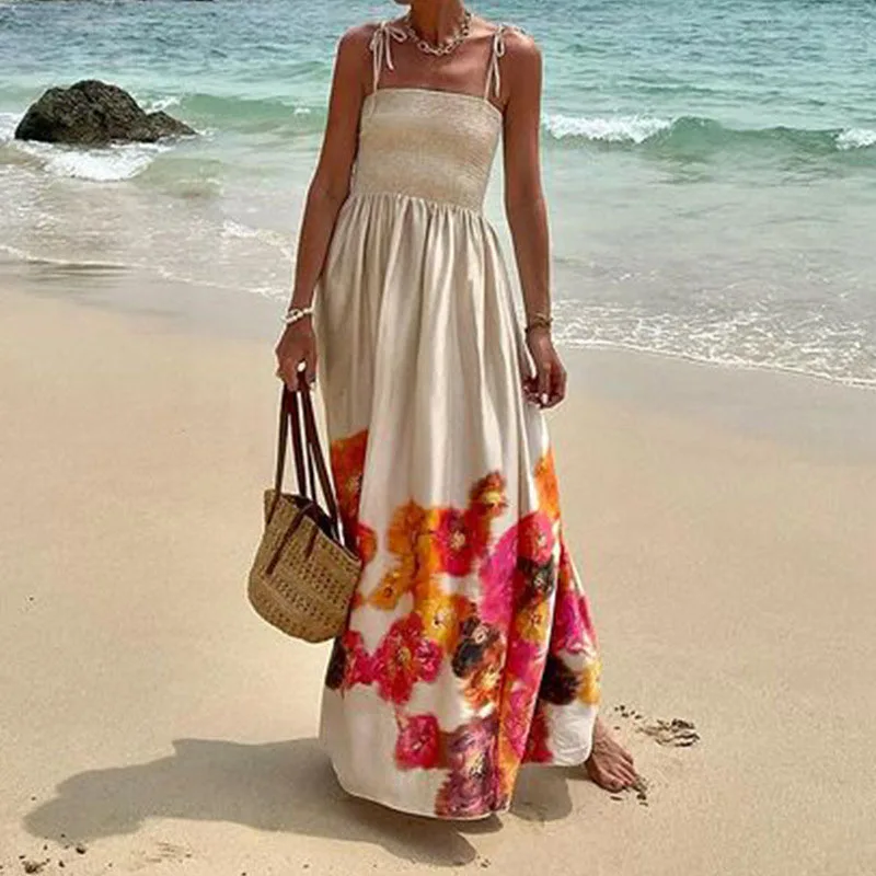 

Female Sleeveless Print High Waist Long Dress Elegant Spaghetti Strap Party Dress Summer Temperament Holiday Beach Big Hem Dress