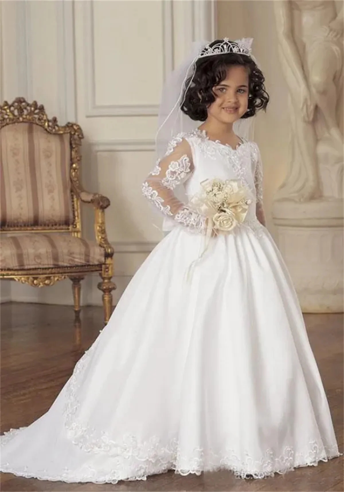 

Flower Girl Dress White Satin Applique Lace Wedding Simple Flower Child Communion Birthday Party First Princess Dress