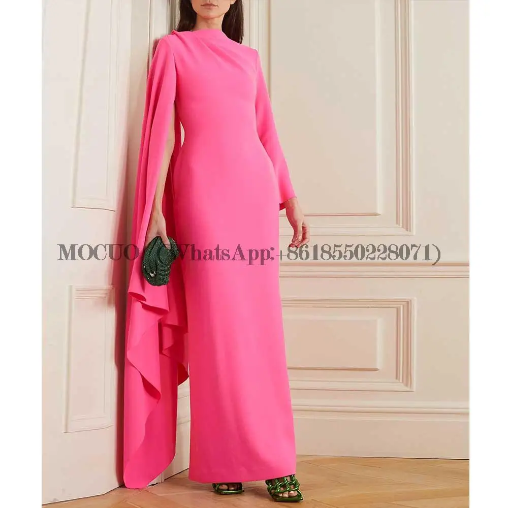 

Pink Crepe Long Sleeve Cape Evening Dress Special Occasion Formal Dress Wedding Party Gown Luxury Evening Dress 2023