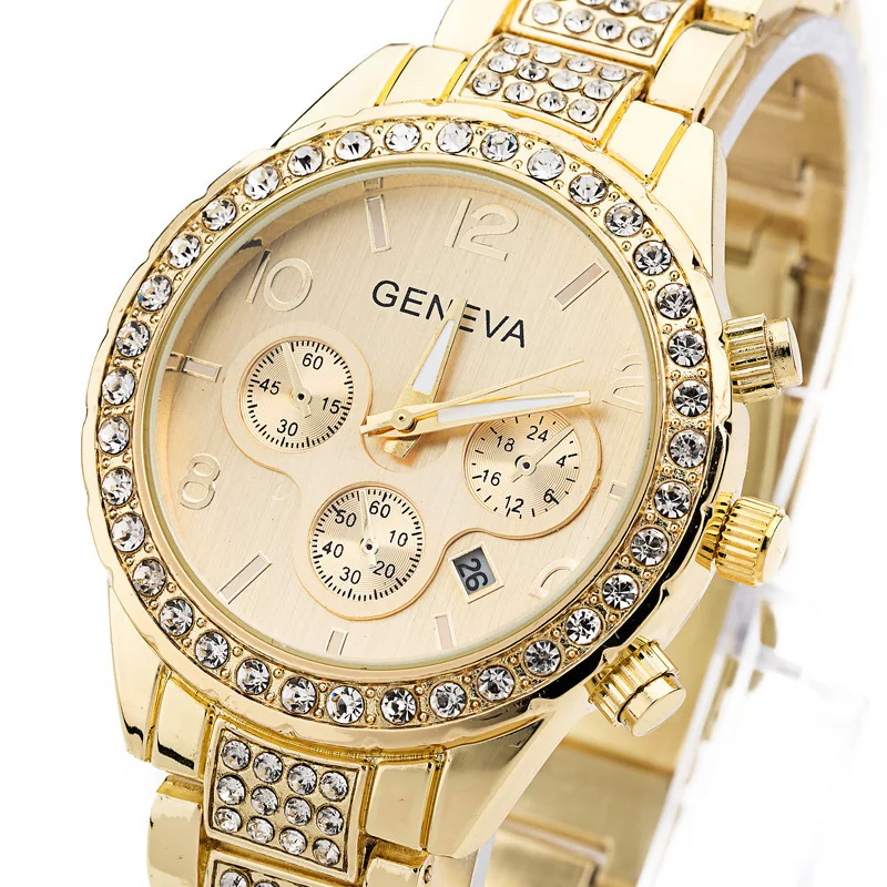 5pcs -Digital dial display with gold case and rhinestone design , Jewelry Set - Three Eye Alloy Watch+Butterfly Bracelet - Perfe